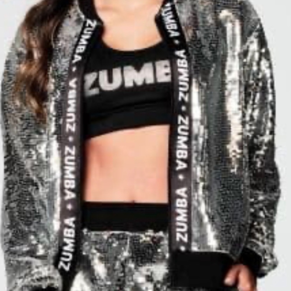 Zumba Fitness Silver sequin Bomber Jacket S NWOT lentejuela zumba